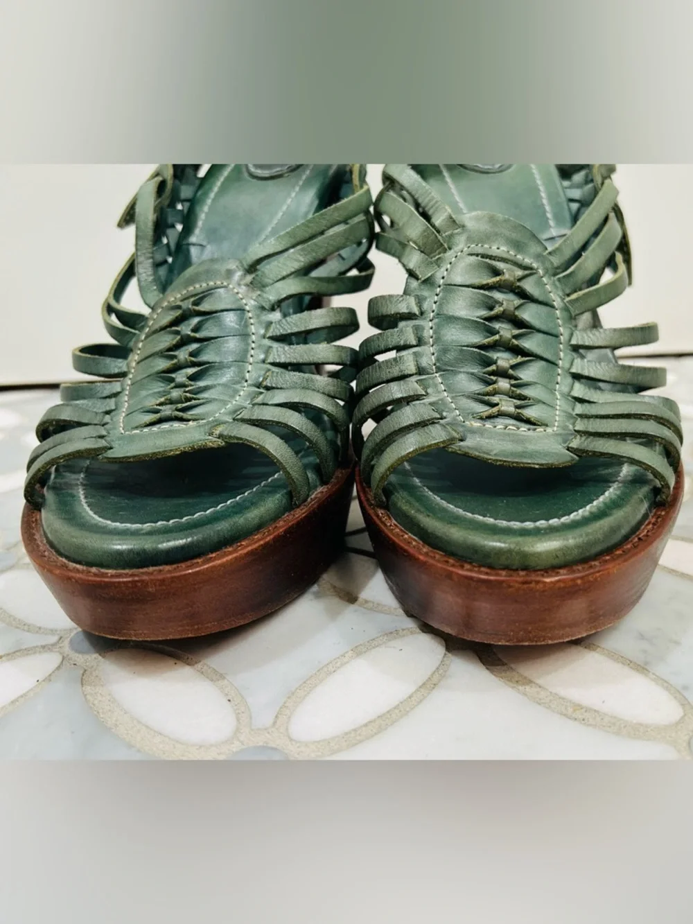 Frye Joy Huarache Platform Sandals Olive Green Leather Wood Heels Boho 9.5 - Picture 7 of 13
